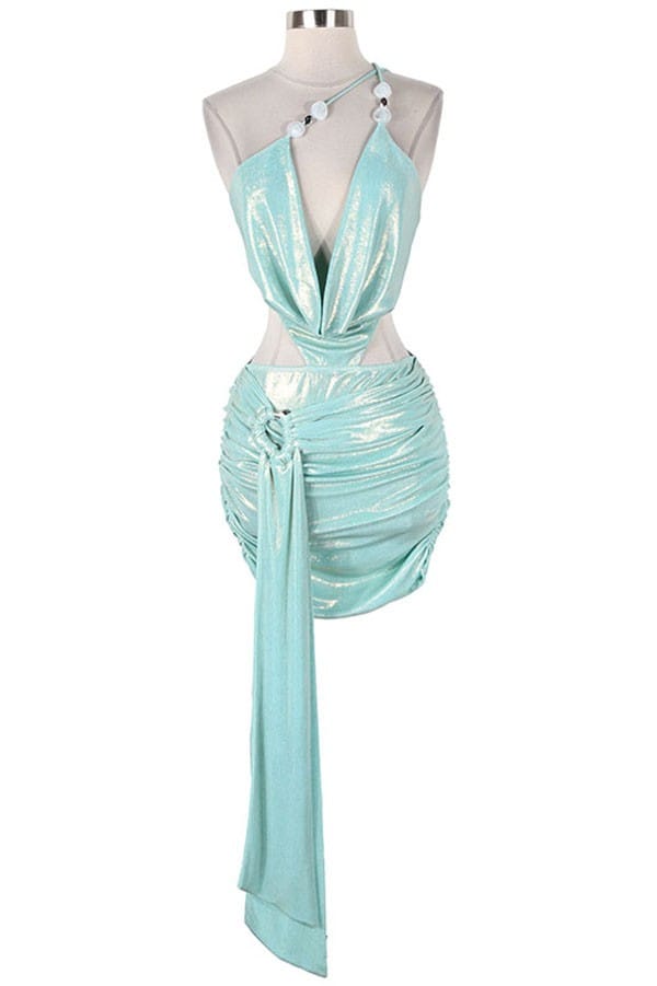 Women's aqua metallic plunge cutout ruched mini dress - photo 3