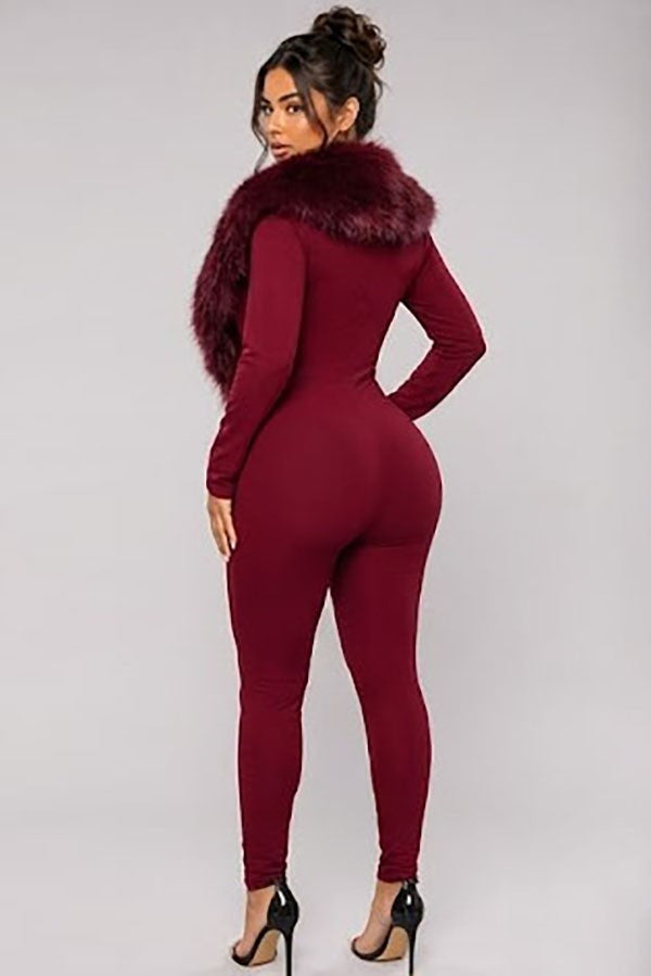 Women's Plush Faux Fur Collar Plunge Jumpsuit - photo 3