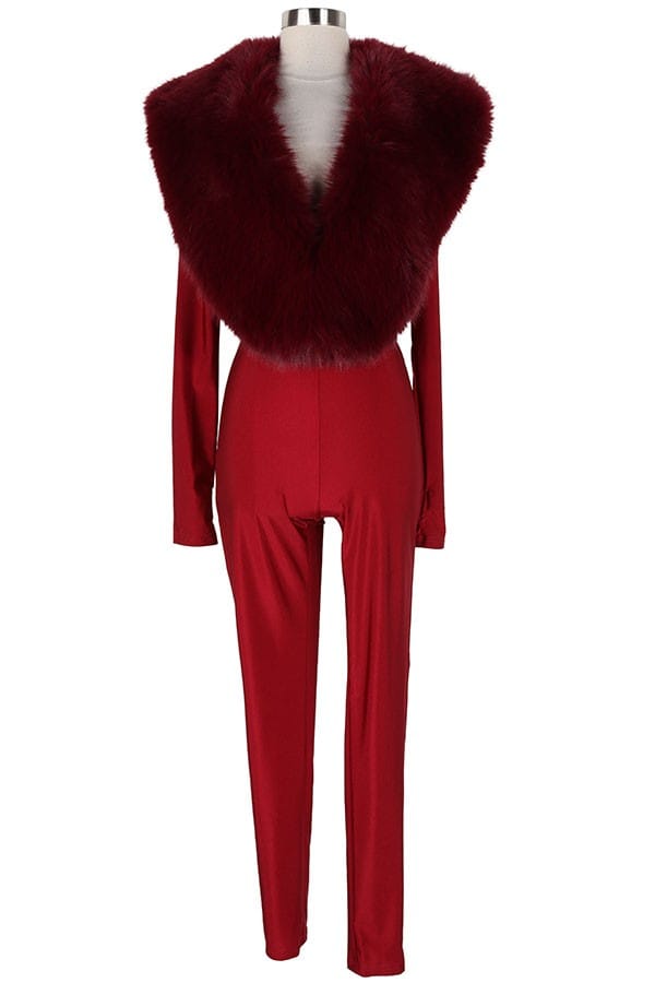Women's Plush Faux Fur Collar Plunge Jumpsuit - photo 4