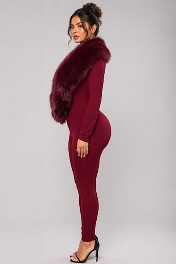 Women's Plush Faux Fur Collar Plunge Jumpsuit - photo 2