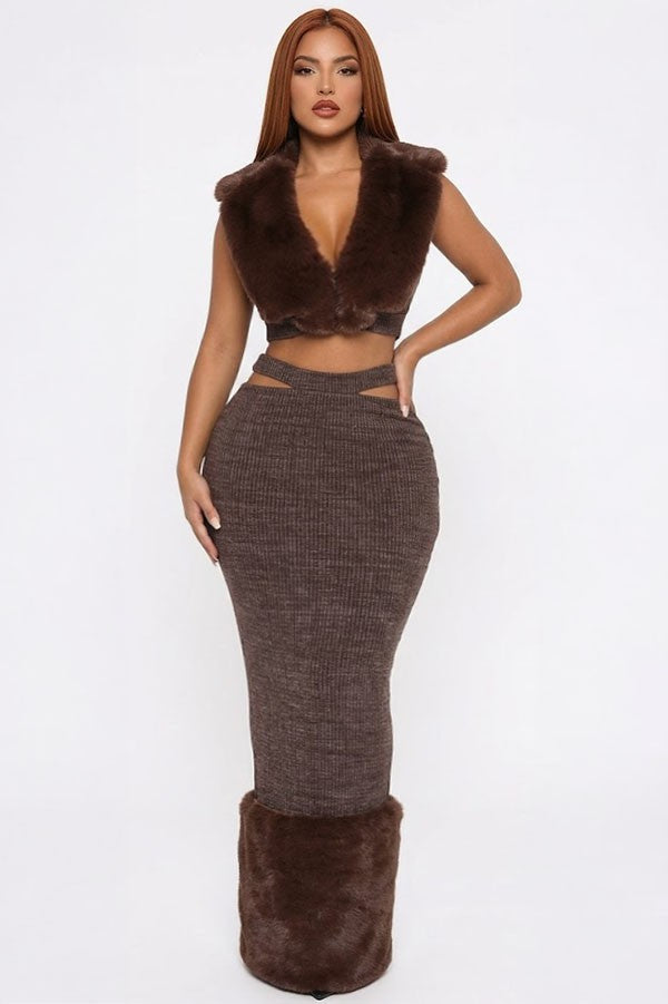 Women's Faux Fur Collar Crop Top & Midi Skirt Set