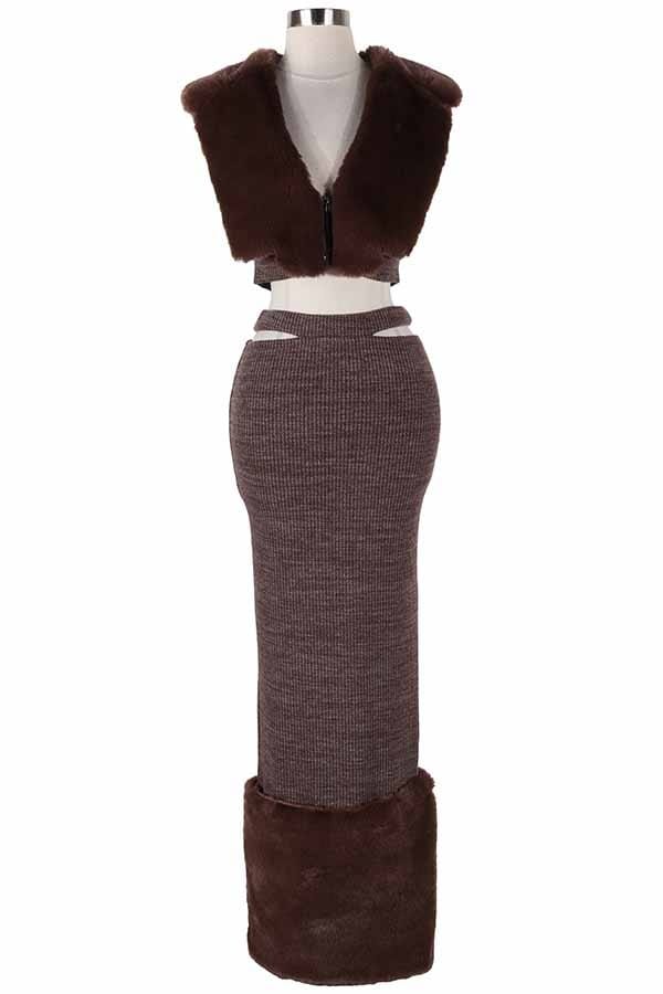 Women's Faux Fur Collar Crop Top & Midi Skirt Set - photo 4