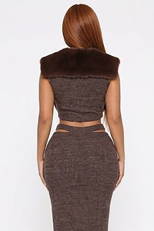 Women's Faux Fur Collar Crop Top & Midi Skirt Set - photo 3