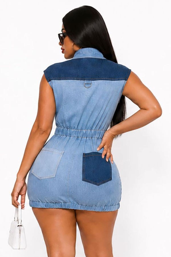 Women's Color-Block Zip-Front Denim Mini Dress - photo 3