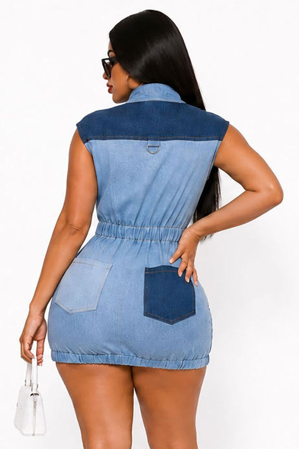 Women's Color-Block Zip-Front Denim Mini Dress - photo 3