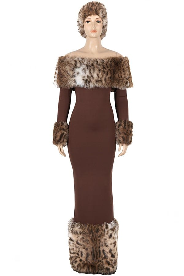 Women's Off-Shoulder Leopard Faux Fur Trim Maxi Dress - photo 4