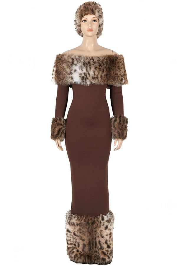 Women's Off-Shoulder Leopard Faux Fur Trim Maxi Dress - photo 4