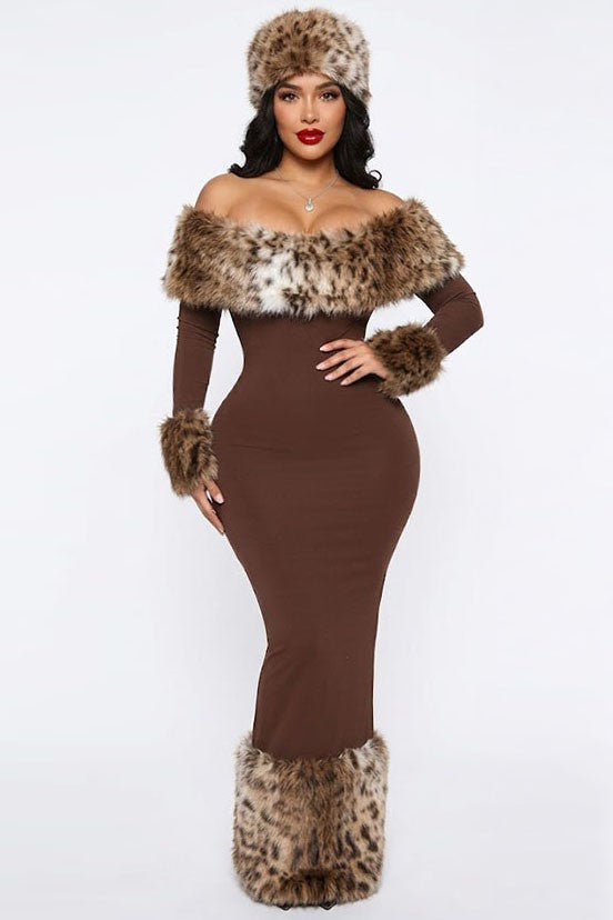 Women's Off-Shoulder Leopard Faux Fur Trim Maxi Dress