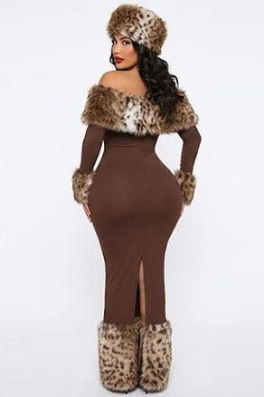 Women's Off-Shoulder Leopard Faux Fur Trim Maxi Dress - photo 3
