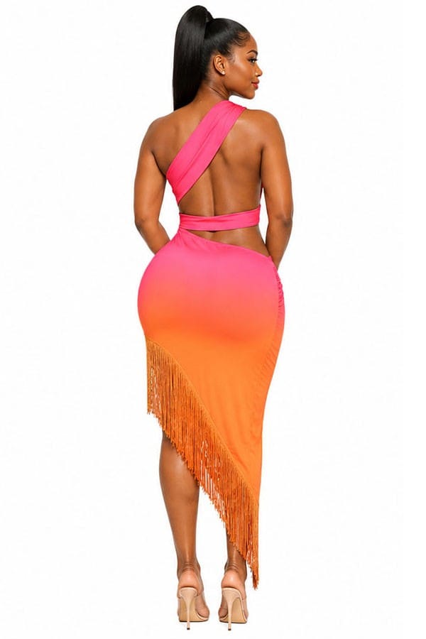 Women's pink and orange ombre one-shoulder ring cut-out fringe mini dress - photo 3