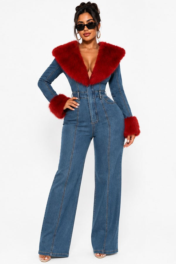 Women's denim faux fur collar and cuff flared denim jumpsuit - photo 2