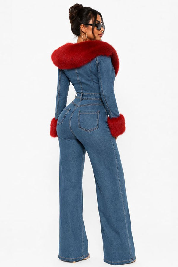 Women's denim faux fur collar and cuff flared denim jumpsuit - photo 4