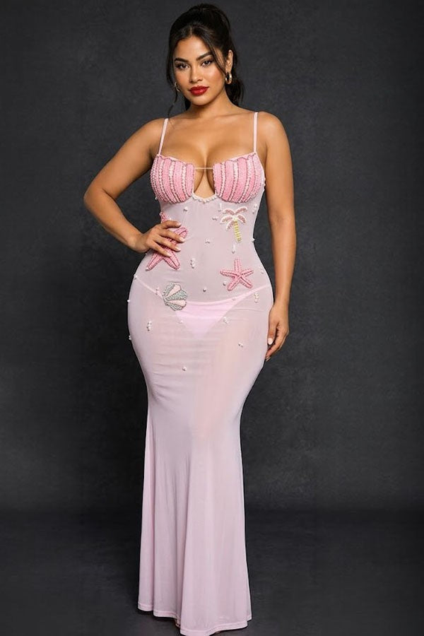 Women's pink beaded seashell bodice sheer mermaid maxi dress - photo 2