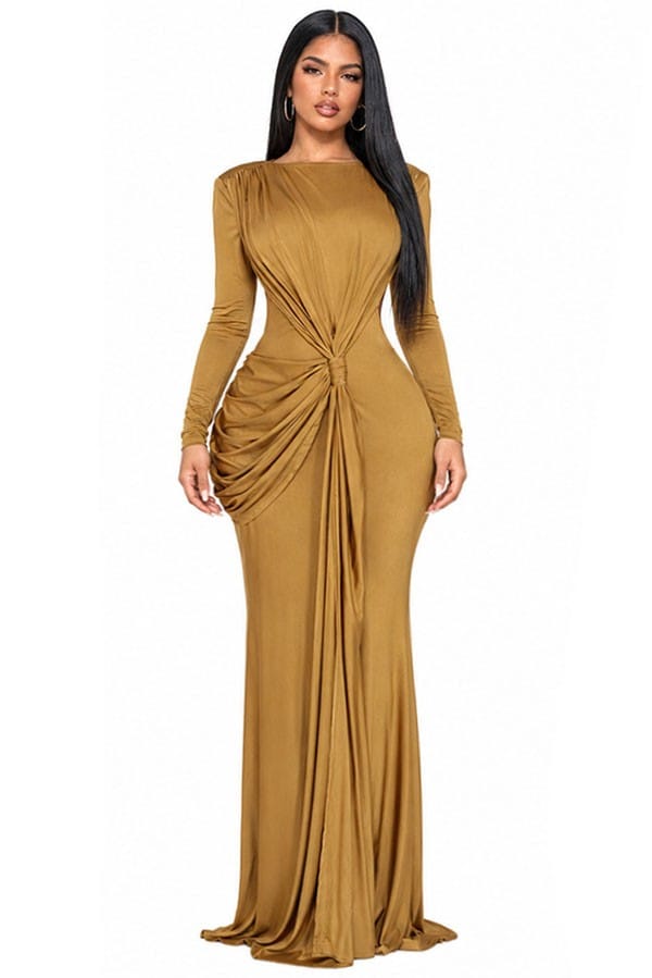 Women's gold boat neck long sleeve draped ruched maxi dress