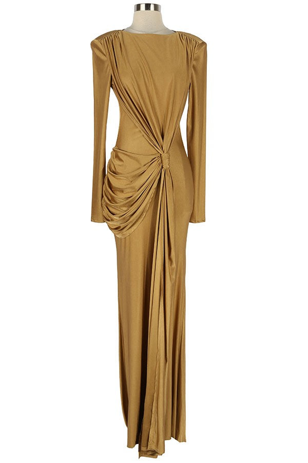 Women's gold boat neck long sleeve draped ruched maxi dress - photo 4