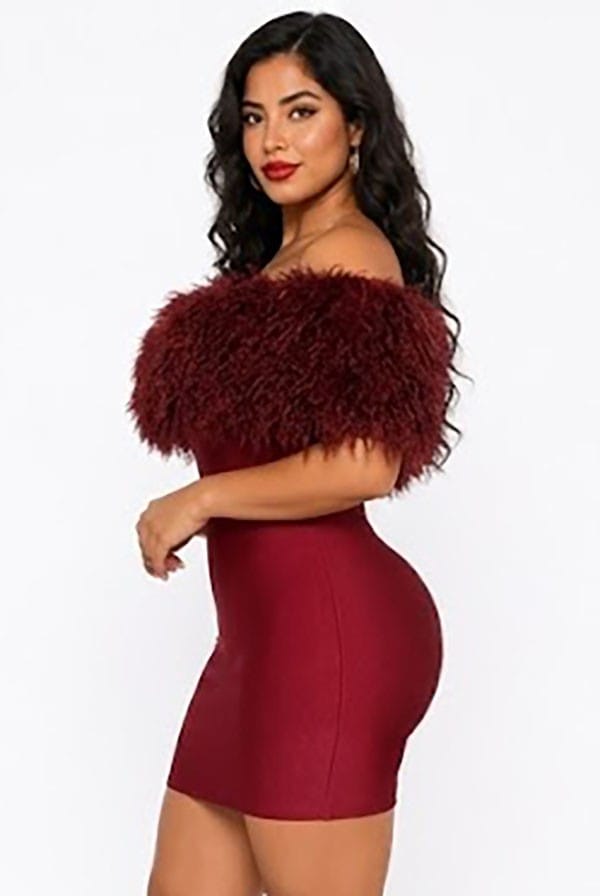 Women's burgundy off-shoulder faux fur trim mini dress - front
