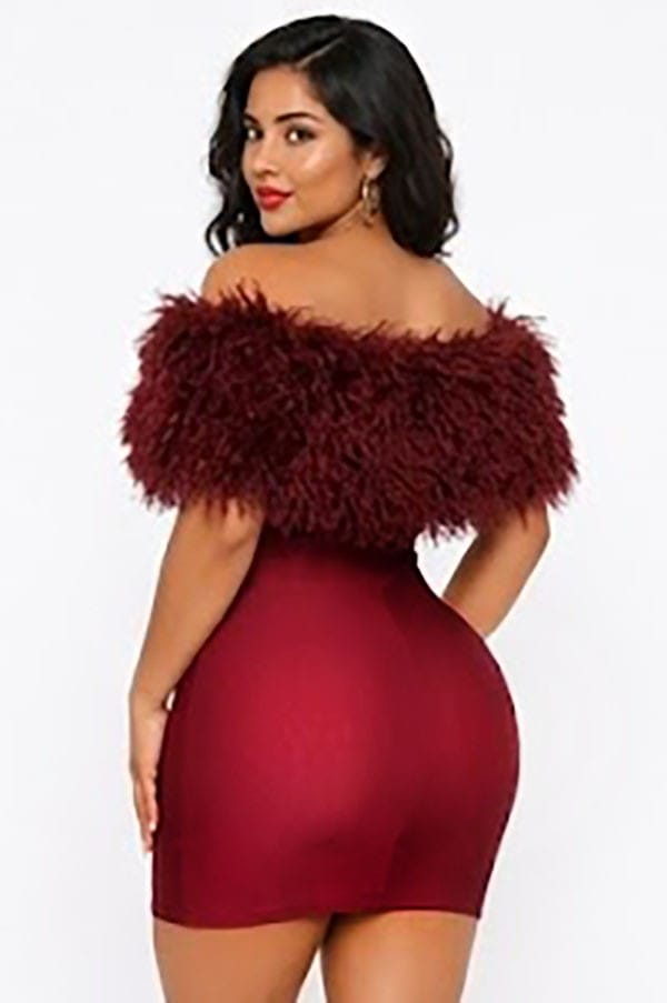 Women's burgundy off-shoulder faux fur trim mini dress - back