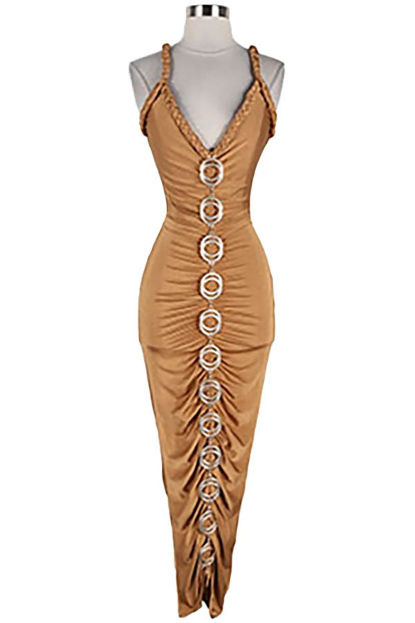 Women's gold plunge braided strap ruched midi dress - front