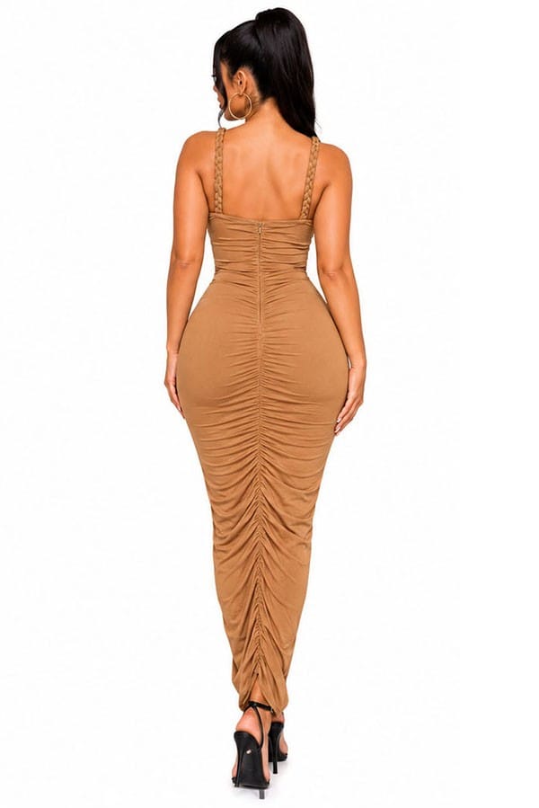 Women's gold plunge braided strap ruched midi dress - side