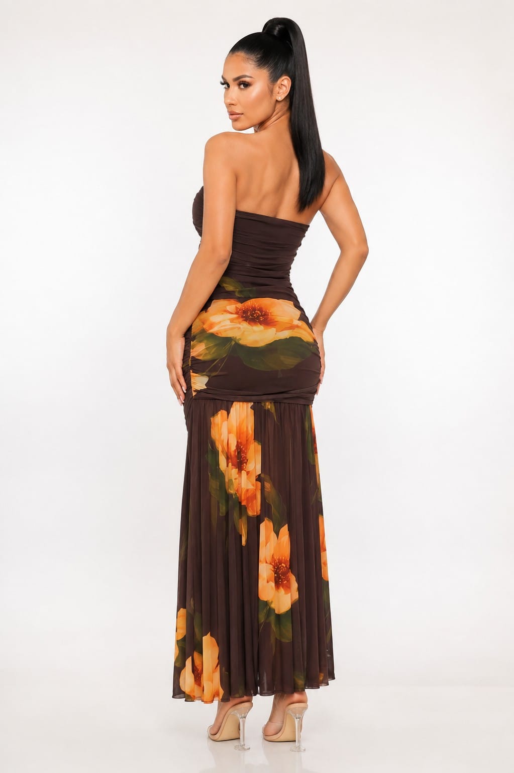 Women's Brown Floral Ruched Sheer Maxi Dress – back view