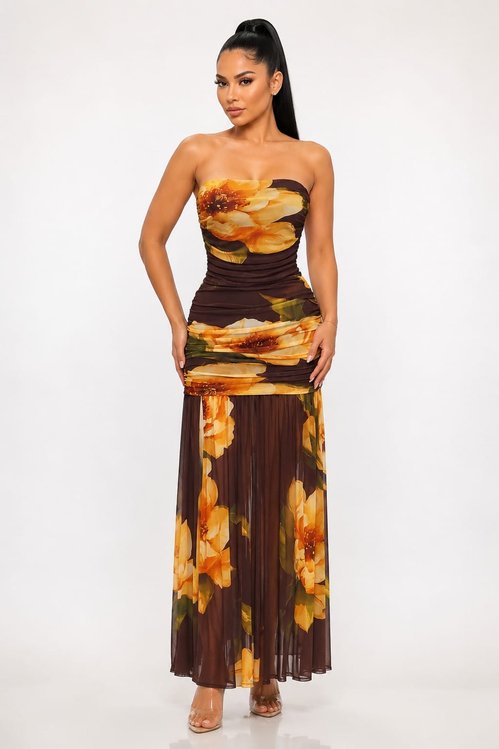 Women's Brown Floral Ruched Sheer Maxi Dress – front view