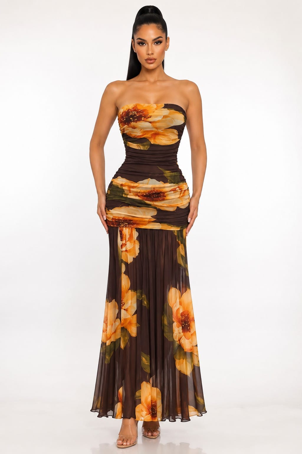 Women's Brown Floral Ruched Sheer Maxi Dress – side view