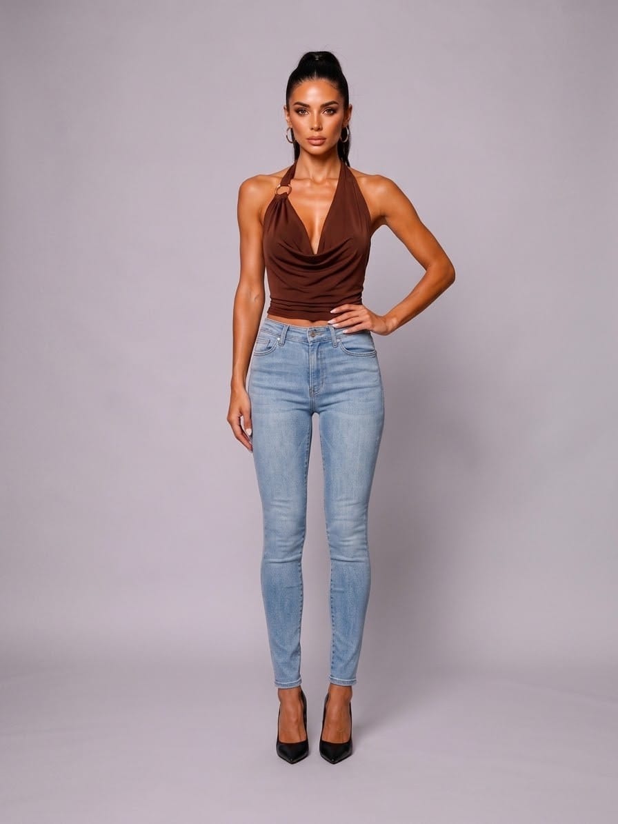 Women's Monaco Muse Power Mesh Halter Top with Gold Trim – back view