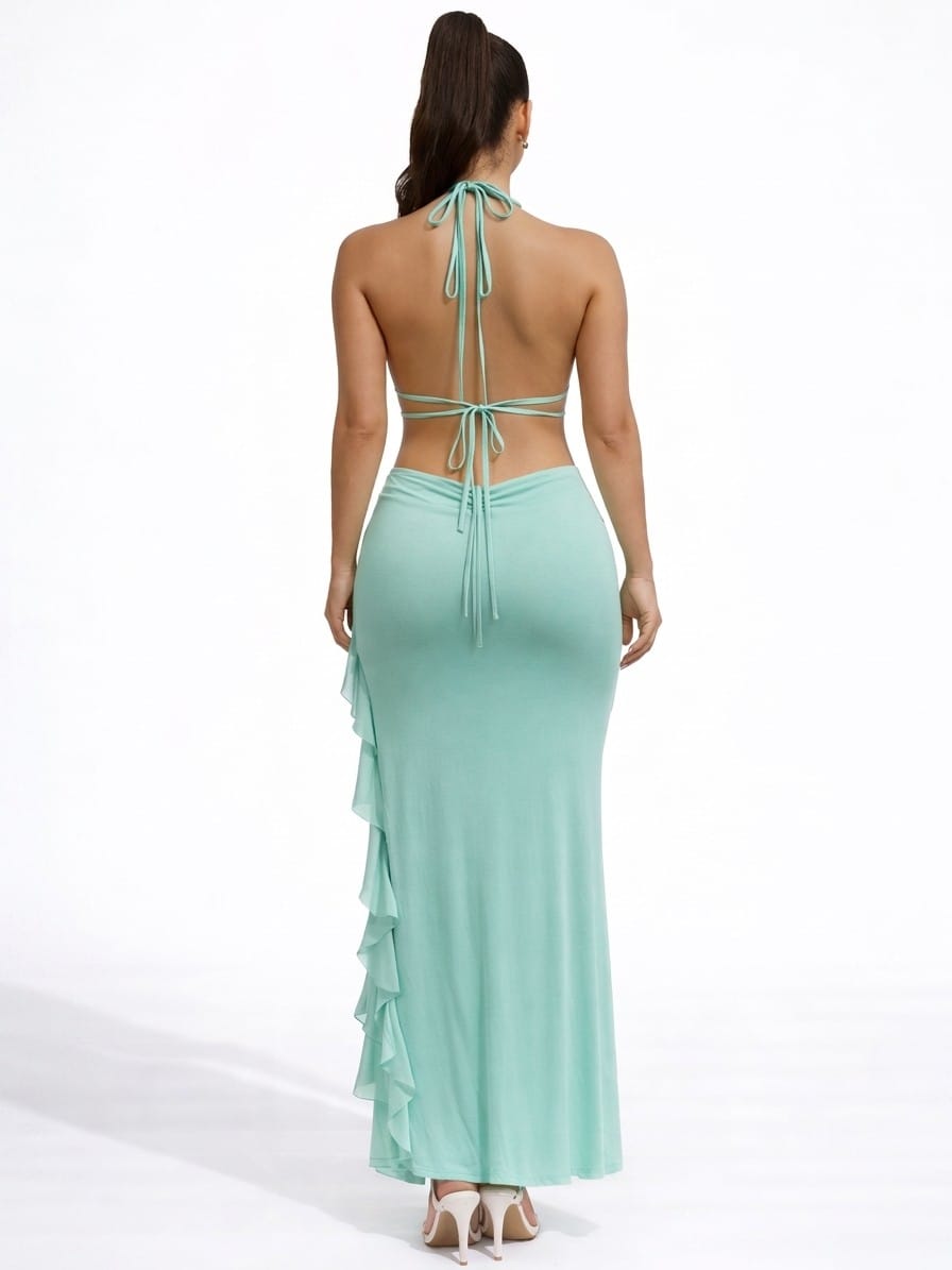 Women's Aurelia Tide Halter Cutout Ruffle Maxi Dress – back view
