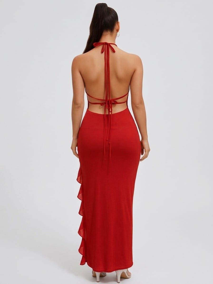 Women's Aurelia Tide Halter Cutout Ruffle Maxi Dress – detail view