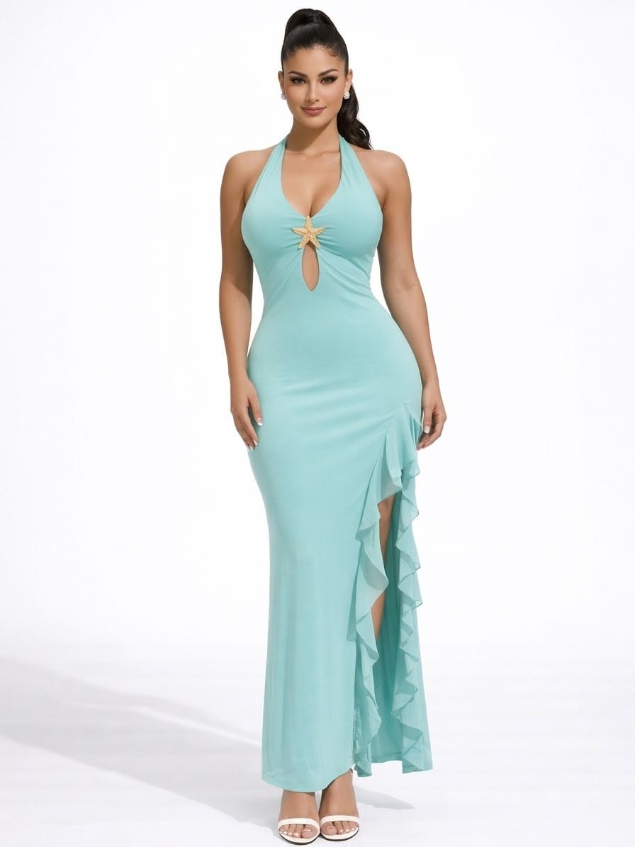 Women's Aurelia Tide Halter Cutout Ruffle Maxi Dress – side view