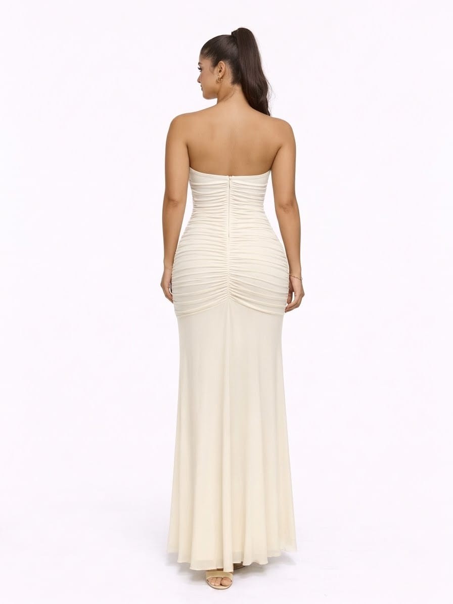 Women's Obsidian Star Strapless Plunging V-Neck Ruched Maxi Dress – back view