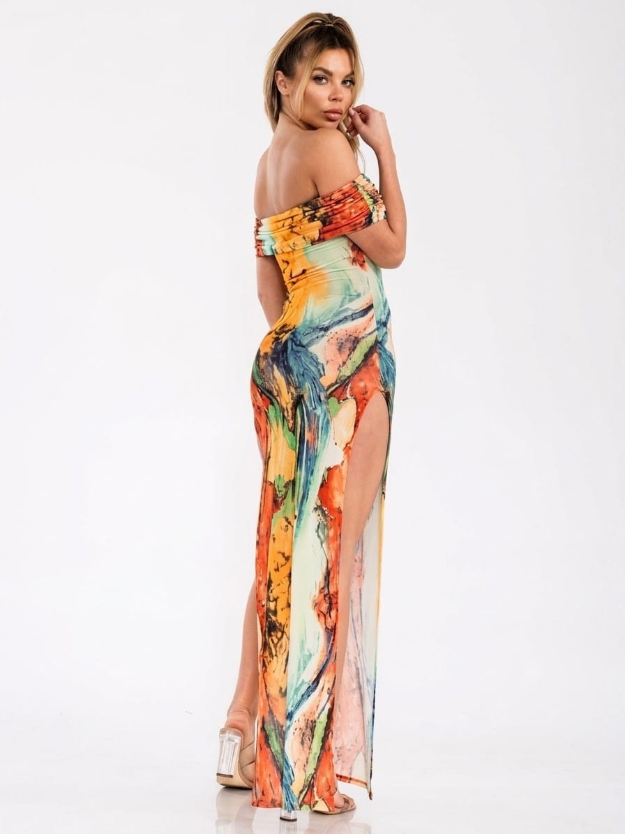 Women's Midnight Marble Off Shoulder Side Slit Dress – detail view