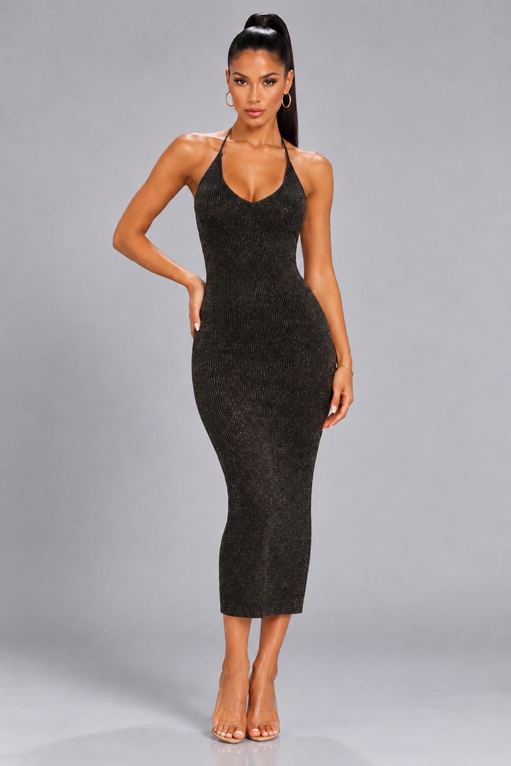 Women's Luminous Halter Knit Midi Dress – front view