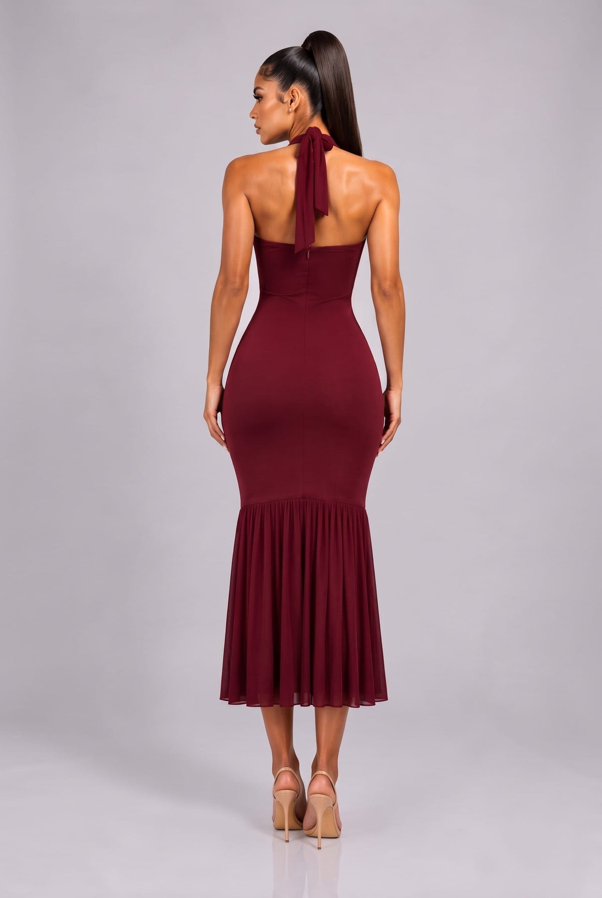 Women's Seraphina Charm Ruched Halter Keyhole Mermaid Midi Dress – detail view