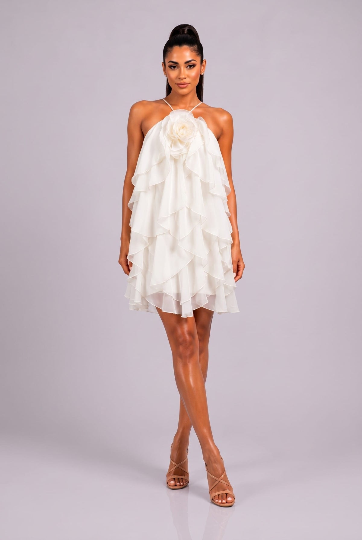Women's White Rosette Cascade Floral Appliqué Halter Ruffle Mini Dress – front view