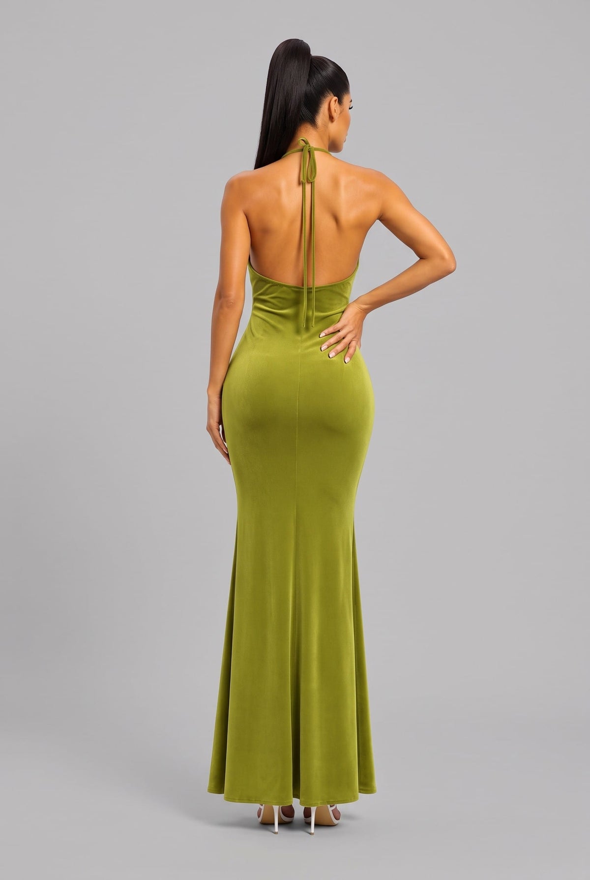 Women's Jewel Siren Gemstone Button Halter Mermaid Gown – back view