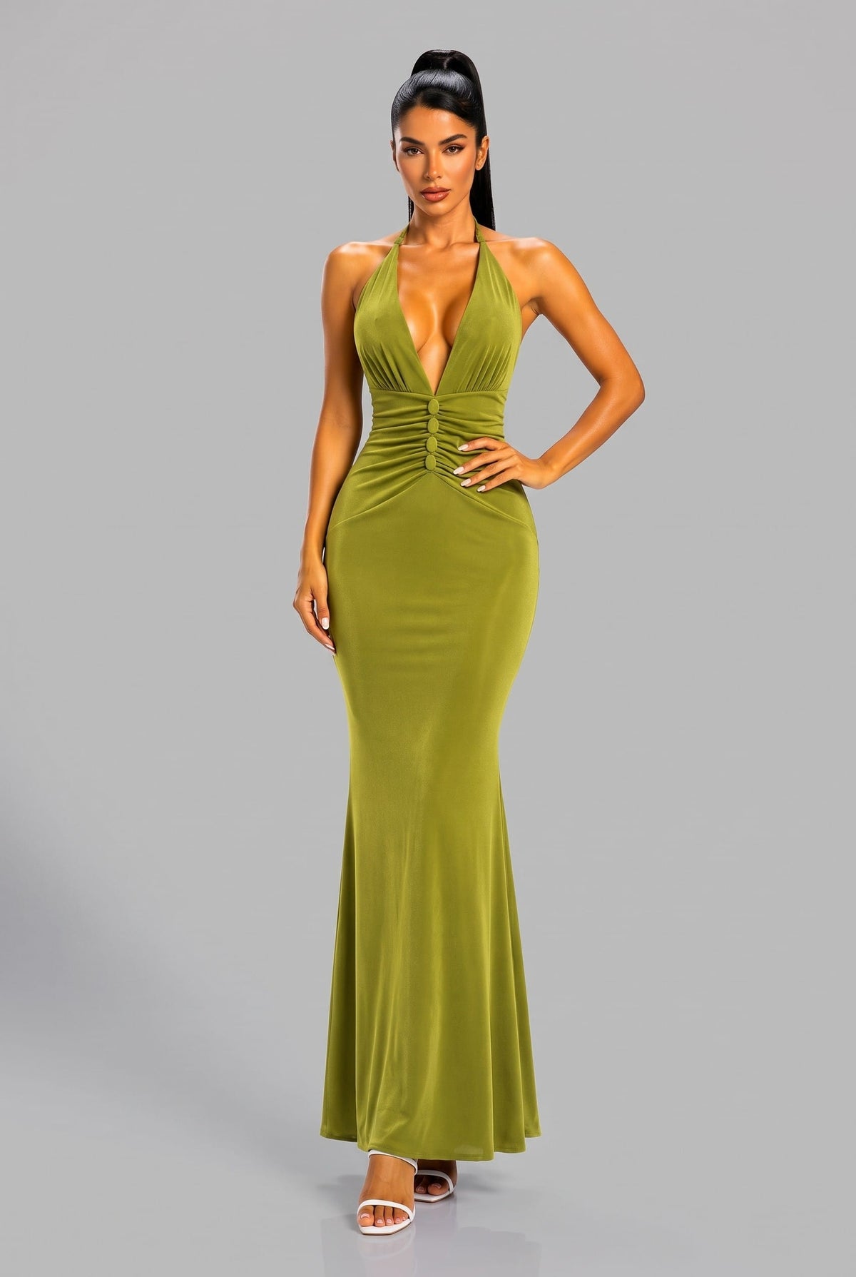 Women's Jewel Siren Gemstone Button Halter Mermaid Gown – front view