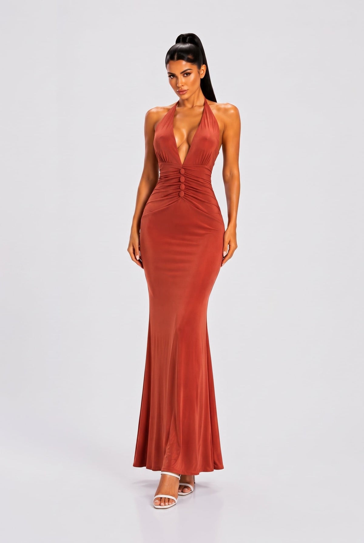 Women's Jewel Siren Gemstone Button Halter Mermaid Gown – side view