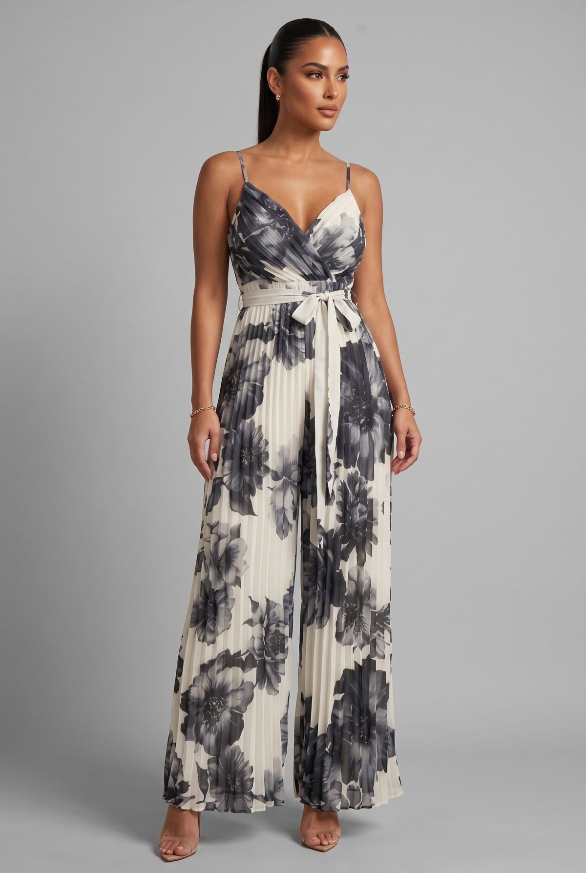 Women's Off-White Midnight Garden Floral Pleated Wide Leg Jumpsuit – back view