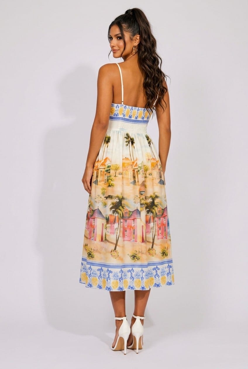 Women's Off-White Positano Postcard Scenic Print Midi Dress – detail view