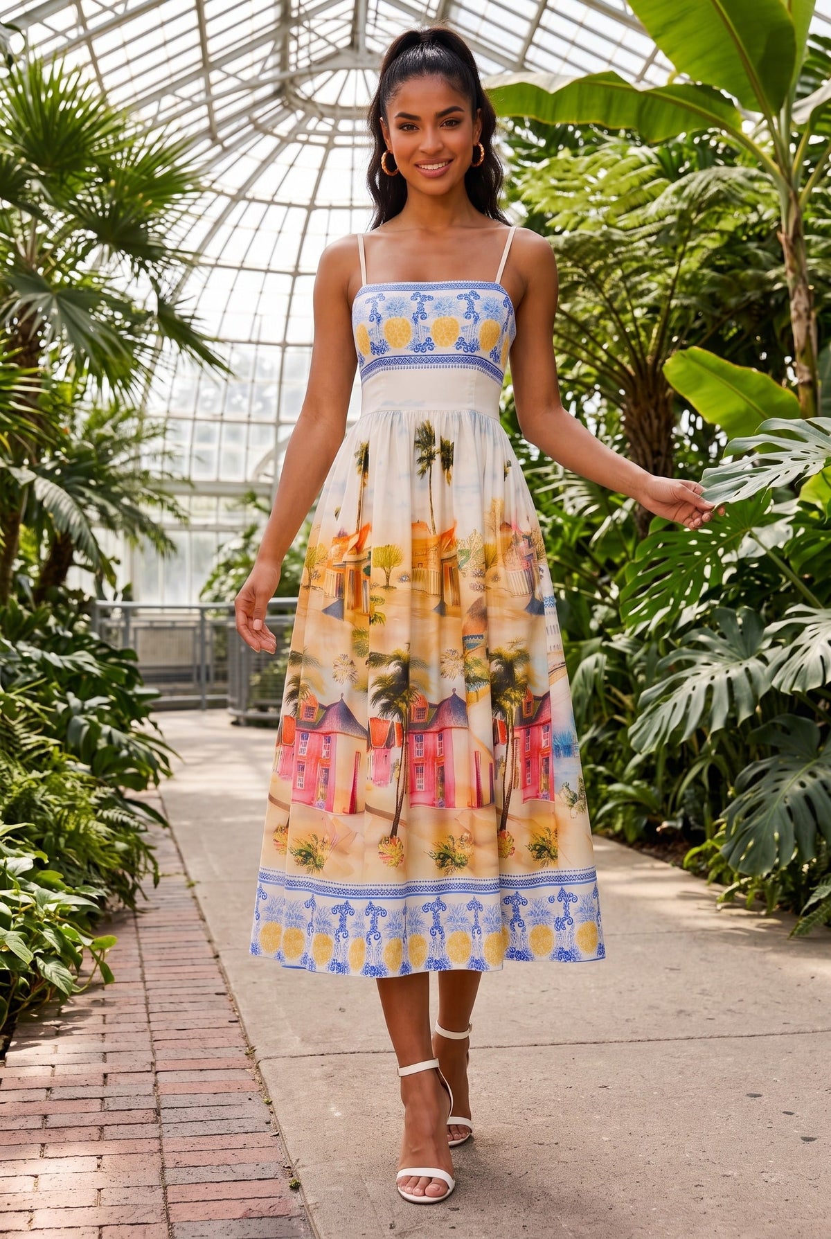 Women's Off-White Positano Postcard Scenic Print Midi Dress – front view