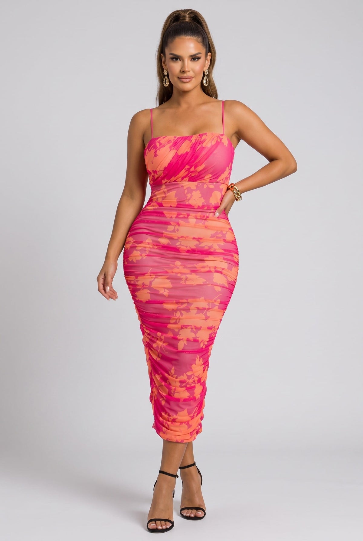 Women's Pink Sunset Bloom Floral Mesh Midi Dress – side view