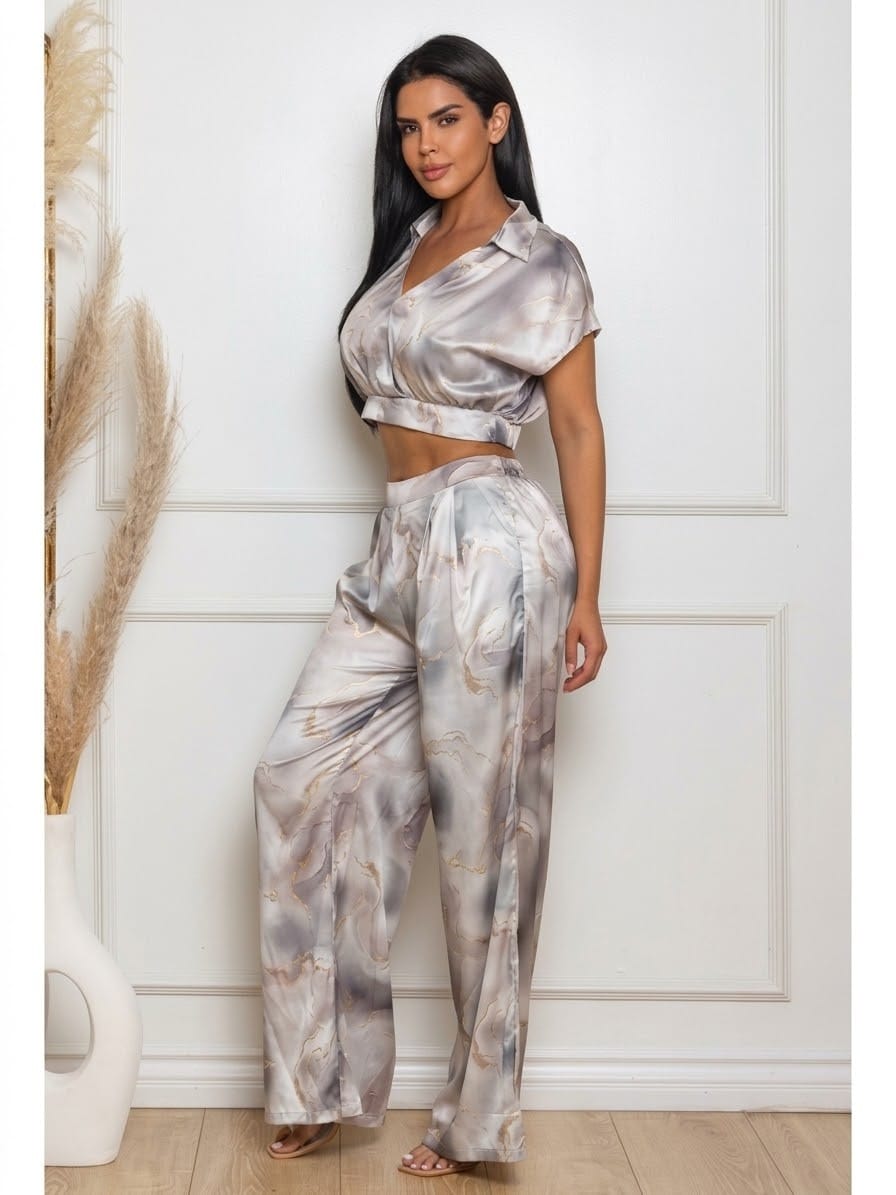 Women's Brown Marble Luxe Satin Print Wide Leg Pant Set – full-length view