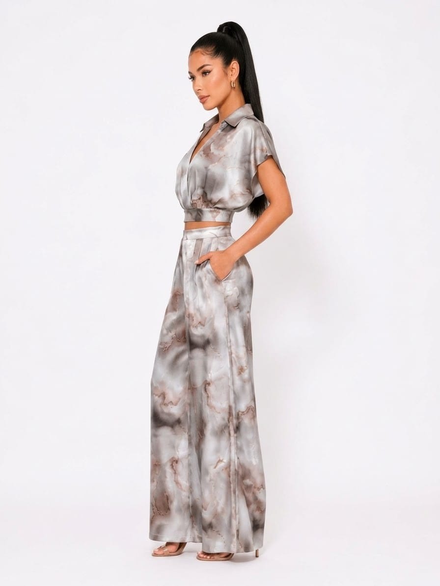 Women's Brown Marble Luxe Satin Print Wide Leg Pant Set – detail view