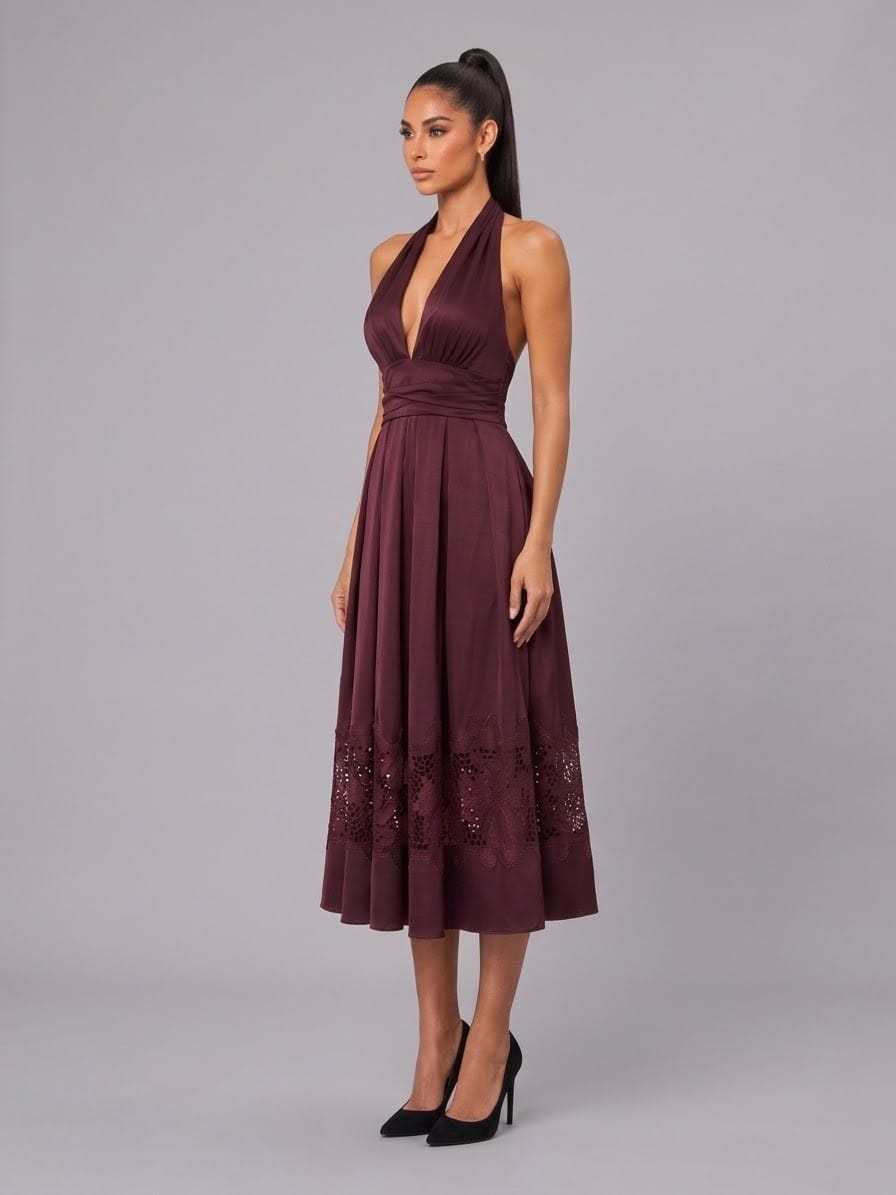 Women's Halter Wrap Botton Lace Midi Dress – back view