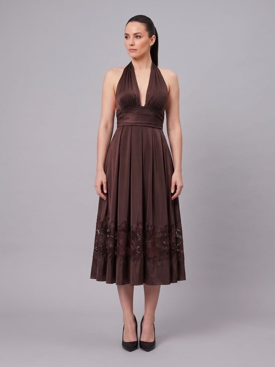 Women's Halter Wrap Botton Lace Midi Dress – side view