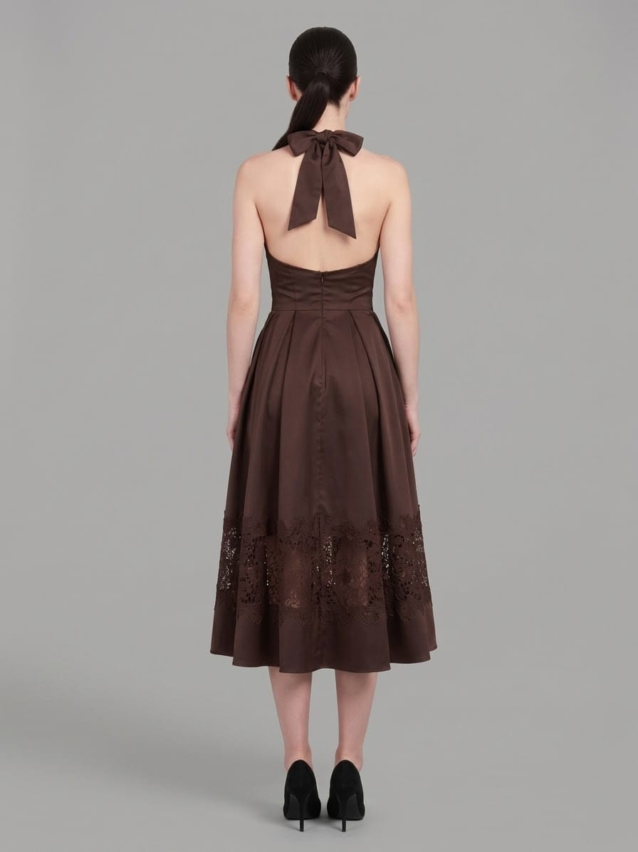 Women's Halter Wrap Botton Lace Midi Dress – full-length view