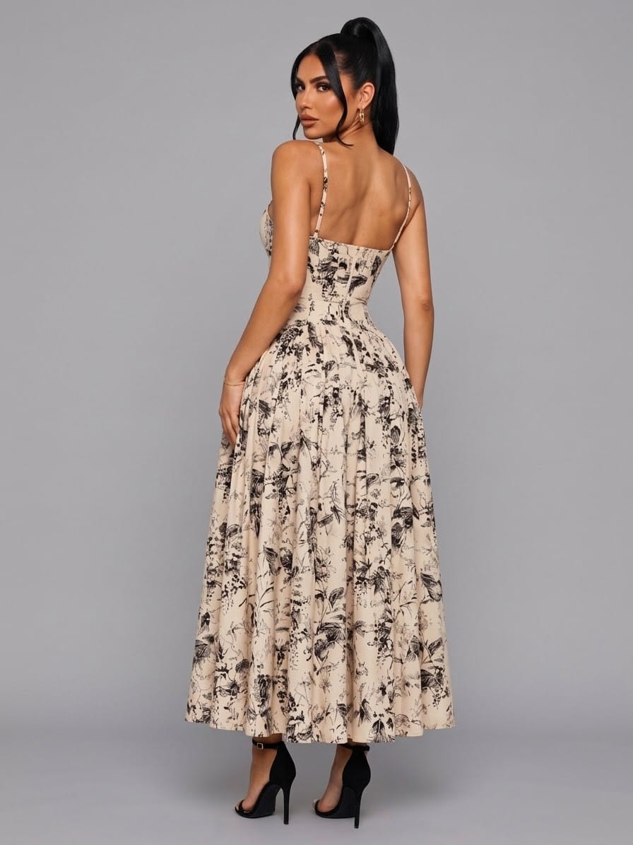 Women's Cream Vintage Botanical Fit & Flare Midi Dress – side view