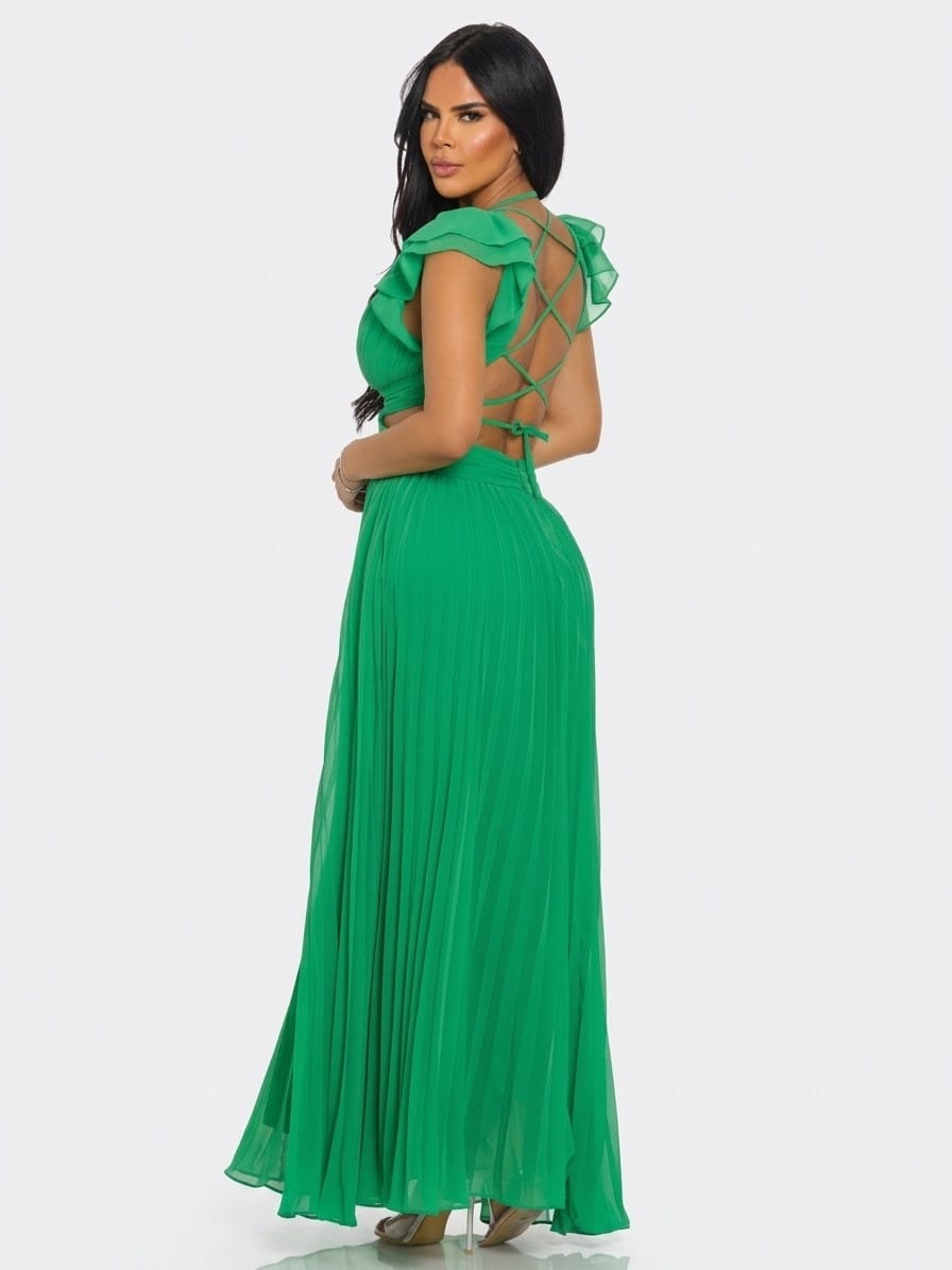 Women's Green Envy Plunging Neck Cutout Pleated Maxi Dress – front view