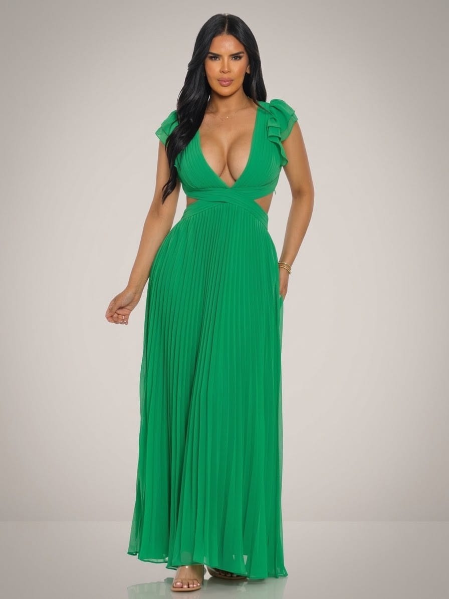 Women's Green Envy Plunging Neck Cutout Pleated Maxi Dress – detail view